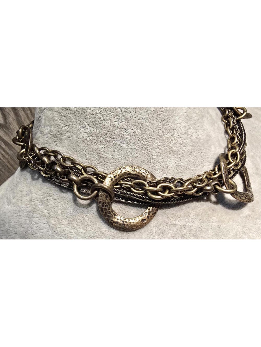VCLM Bronze Tone Necklace Layered Multi Chain w Hammered Circle Accents - Picture 2 of 4